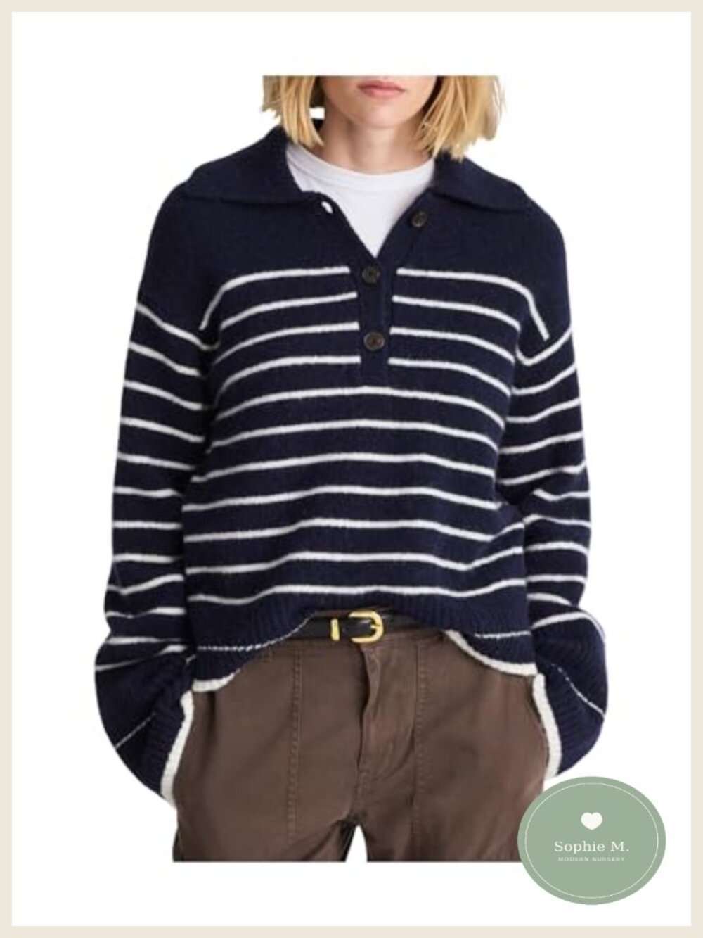 Madewell Placed Stripe Gina Charm Polo Wool Blend Long Sleeve Top